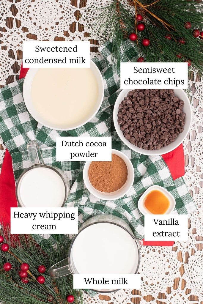 Labeled overhead ingredient flat lay for crockpot hot chocolate showing sweetened condensed milk, semisweet chocolate chips, Dutch cocoa powder, heavy whipping cream, vanilla extract, and whole milk in white bowls and glass measuring cups on a green and white buffalo check cloth with pine branches and red berries on crochet lace.