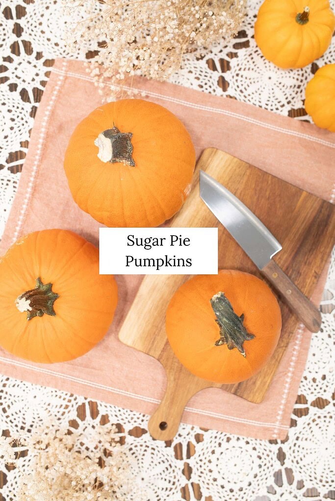Whole pie pumpkins on a cutting board with a knife ready for making homemade pumpkin puree