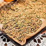 Pumpkin seed brittle spread evenly on a parchment-lined baking sheet with oats and pepitas, with small pumpkins in the background