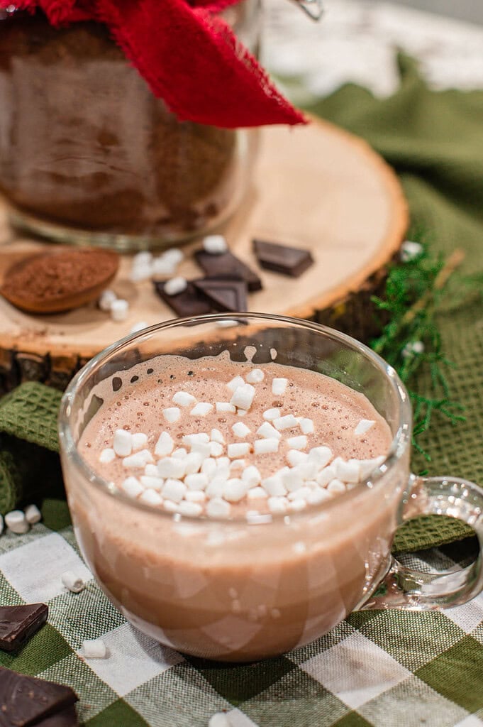 Close-up of a glass mug of creamy hot cocoa topped with mini marshmallows on a green gingham cloth, with a jar of homemade cocoa mix, wooden spoon, and dark chocolate pieces on a wood slice in the background