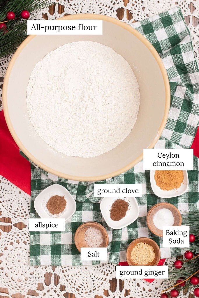 Labeled overhead ingredient flat lay for sourdough fruit cake dry ingredients showing all-purpose flour in a large cream ceramic bowl, Ceylon cinnamon, ground clove, allspice, ground ginger, salt, and baking soda in small white and wood bowls on a green and white buffalo check cloth with pine branches, red ornament berries, and a red ribbon on crochet lace.