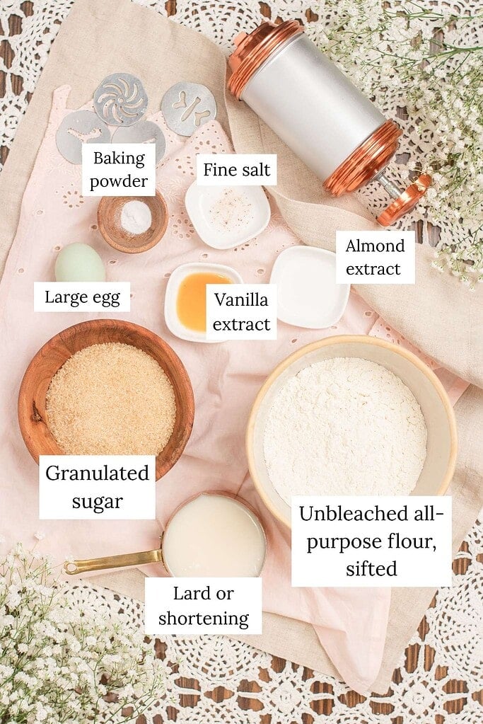 Labeled overhead ingredient flat lay for spritz cookies showing unbleached all-purpose flour, granulated sugar, lard or shortening, a large green egg, baking powder, fine salt, vanilla extract, almond extract, a copper and silver cookie press with disc attachments, and white baby's breath on a pink eyelet linen with crochet lace.