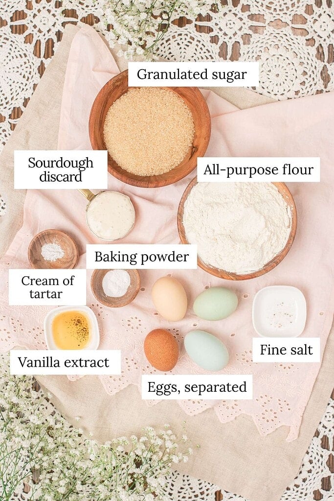 Labeled overhead ingredient flat lay for sourdough ladyfingers showing granulated sugar, all-purpose flour, sourdough discard, baking powder, cream of tartar, separated eggs in brown and blue shells, vanilla extract, and fine salt in wooden and white bowls on a pink eyelet linen with crochet lace and white baby's breath.