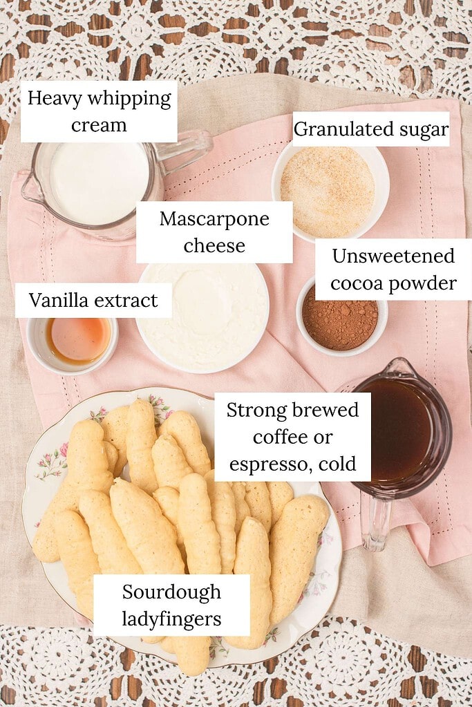 Labeled overhead ingredient flat lay for sourdough tiramisu showing sourdough ladyfingers on a rose-patterned china plate, heavy whipping cream, granulated sugar, mascarpone cheese, unsweetened cocoa powder, vanilla extract, and strong brewed coffee or espresso in glass containers on a pink linen with crochet lace.