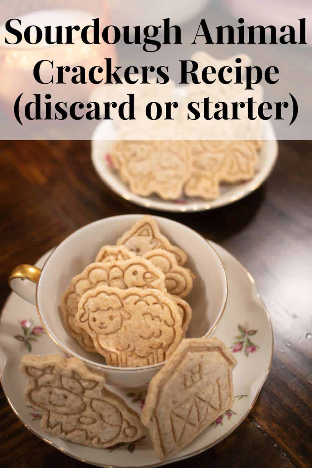 A Pinterest pin with a photo and text. Text reads Sourdough Animal Cracker Recipe (discard or starter). Photos is of sourdough animal crackers in a pink floral china cup on a wooden countertop
