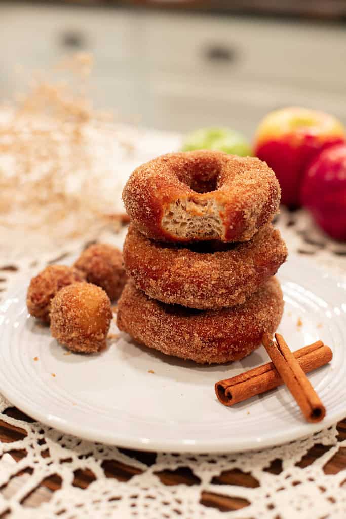 A stack of cinnamon-sugar sourdough apple cider doughnuts on a white plate, with cinnamon sticks for decoration.