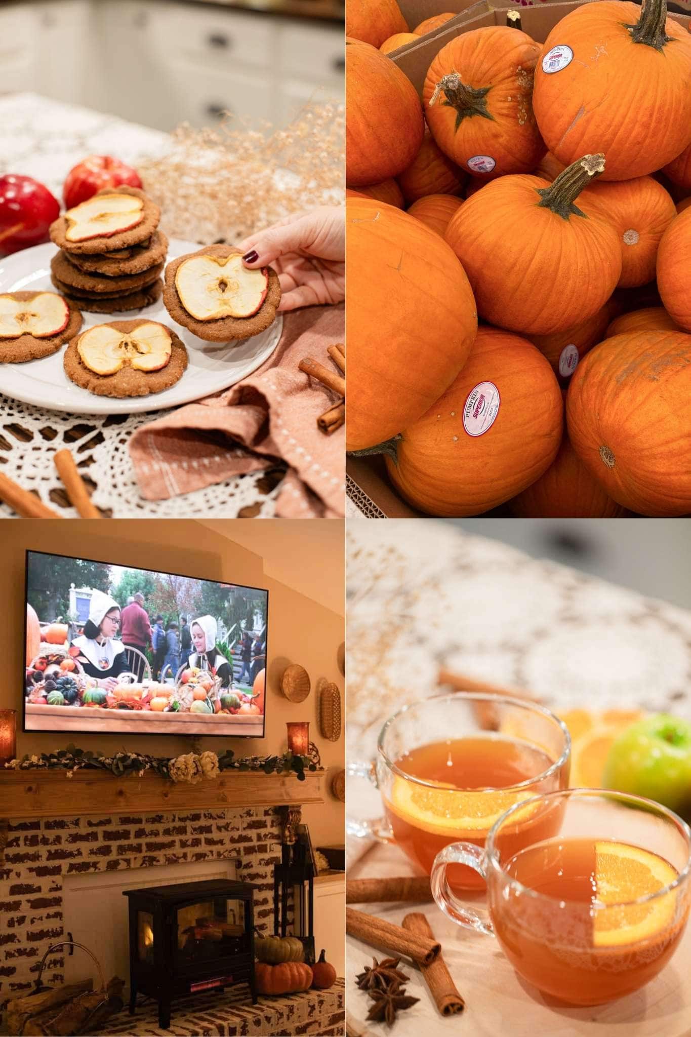 Four-panel collage for a cozy cottage fall bucket list: top left shows a hand holding a dried apple slice over ginger snap cookies on a white plate with cinnamon sticks; top right shows a box of bright orange pumpkins at a market; bottom left shows a fall-themed movie playing on a TV above a decorated fireplace mantel with garland and small pumpkins; bottom right shows three glass mugs of warm apple cider garnished with orange slices and cinnamon sticks with star anise alongside.