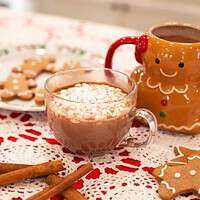 Wide shot of a cozy holiday scene featuring gingerbread hot chocolate served in a clear glass mug and a gingerbread mug, surrounded by cinnamon sticks and festive gingerbread cookies on a red and white lace tablecloth.