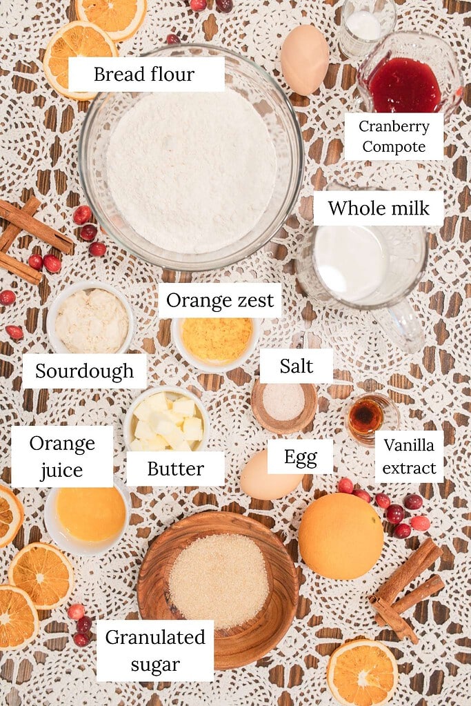 Flat lay of sourdough cranberry orange star bread ingredients on a white lace doily, labeled with text overlays: a large glass bowl of bread flour, a glass measuring cup of whole milk, a small bowl of cranberry compote, orange zest, sourdough starter, salt, cubed butter, orange juice, granulated sugar in a wooden bowl, two eggs, and small glasses of vanilla extract and water, surrounded by fresh cranberries, orange slices, and cinnamon sticks on a dark wood surface.