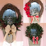 Collage of five cozy Christmas wreaths showcasing different styles, including natural grapevine with red berries, poinsettias with ribbons, frosted greenery with white accents, lush evergreen with red berries and bows, and pinecones with striped ribbon. Each wreath is beautifully displayed on a decorative glass-paneled pink door