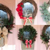 Collage of five cozy Christmas wreaths showcasing different styles, including natural grapevine with red berries, poinsettias with ribbons, frosted greenery with white accents, lush evergreen with red berries and bows, and pinecones with striped ribbon. Each wreath is beautifully displayed on a decorative glass-paneled pink door