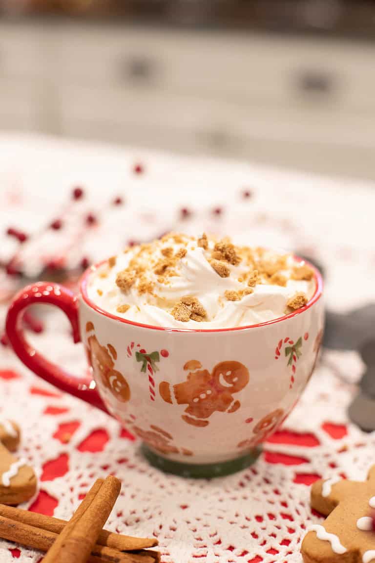 Final close-up of a gingerbread latte, highlighting the details of the whipped cream and festive mug design.