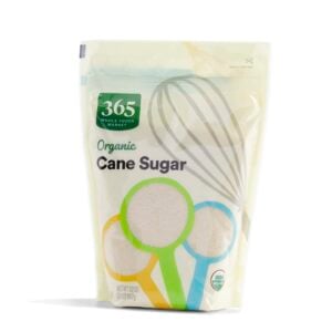 32-ounce bag of 365 Whole Foods Market Organic Cane Sugar with colorful measuring cups and whisk illustration on the packaging
