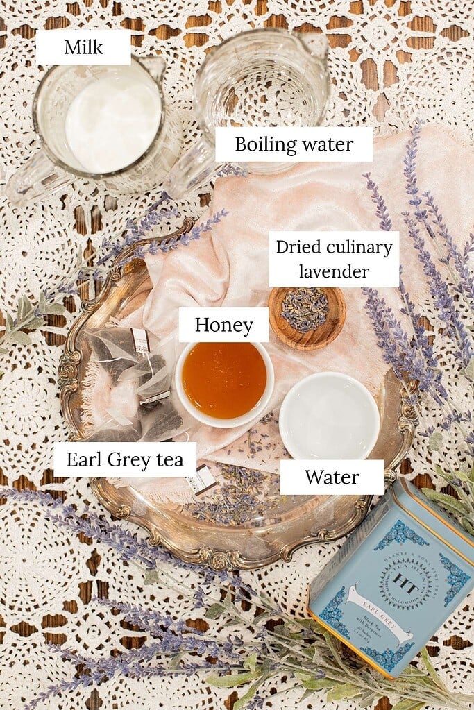 Earl Grey tea, milk, honey, dried culinary lavender, and water on tray, design with text labeling ingredients for London Fog latte