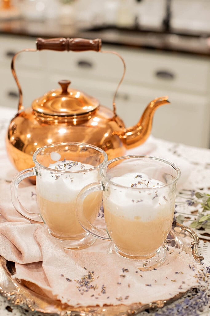 homemade London fog latte with frothy milk and dried lavender garnish