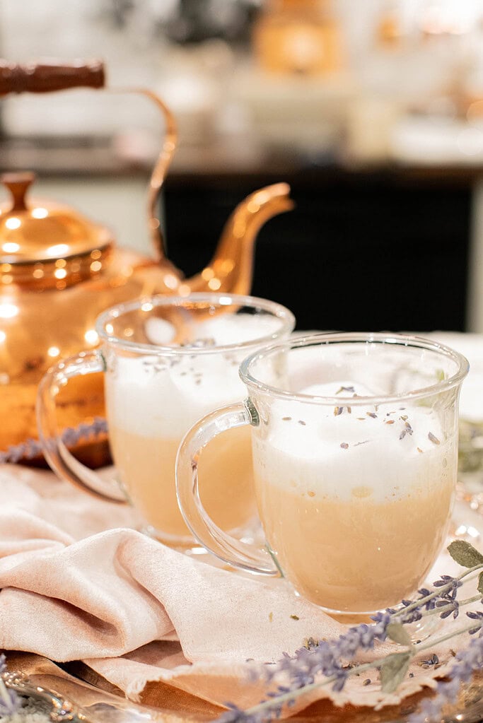 cozy London fog lattes with creamy foam and lavender on top
