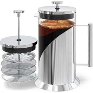 A stainless steel French press with rich, brewed coffee inside, shown with an exploded view of its metal mesh filters and plunger.
