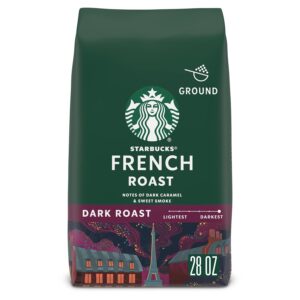 A bag of Starbucks French Roast ground coffee with notes of dark caramel and sweet smoke, styled with cozy illustrated details.
