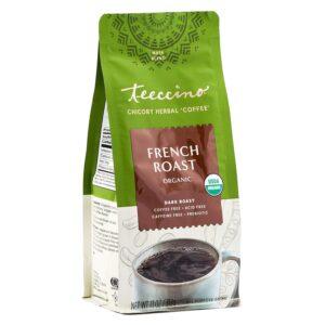A green and brown bag of Teeccino French Roast herbal coffee, labeled caffeine-free, acid-free, and prebiotic for cozy coffee alternatives.