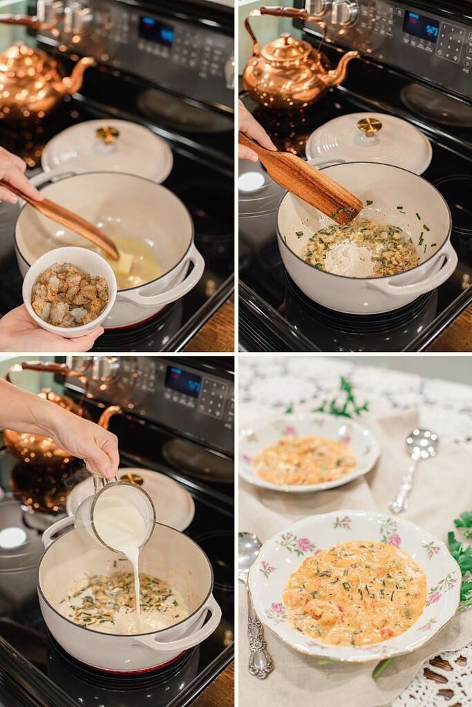 Step-by-step process showing how to make crawfish and shrimp étouffée, from sautéing vegetables to simmering the sauce