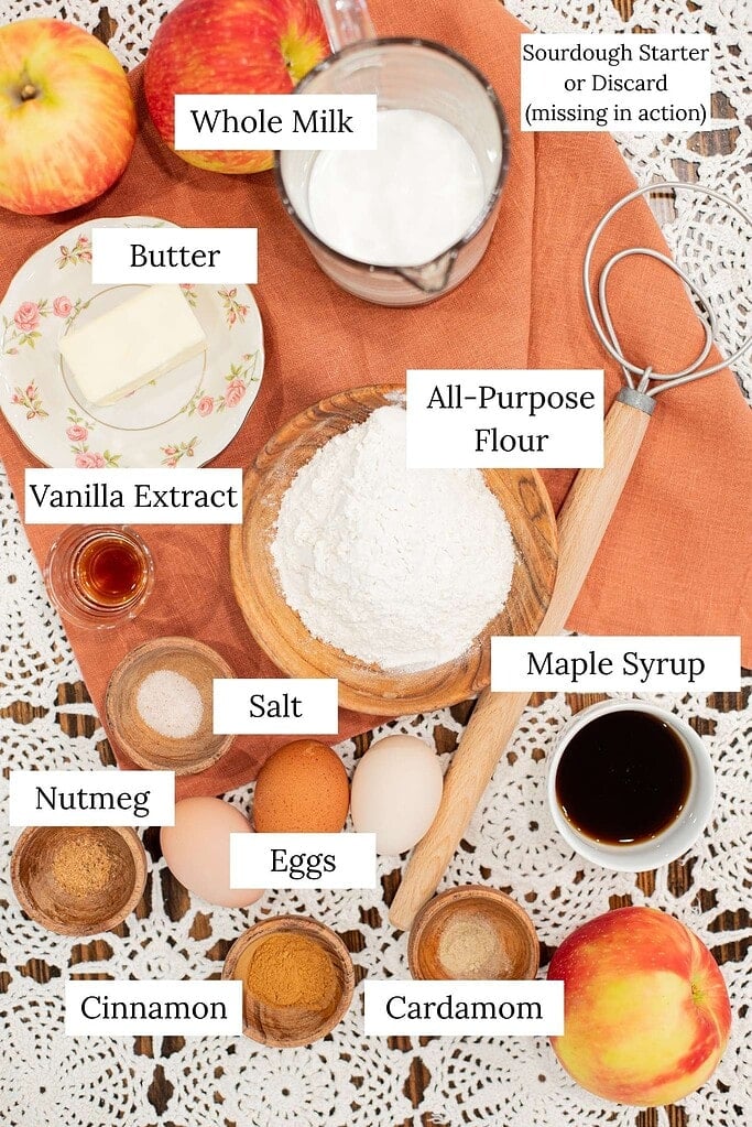 ingredients for sourdough apple dutch baby pancake including flour eggs milk apples and spices