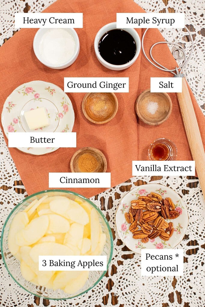 ingredients for caramel apple topping with apples maple syrup butter cream and spices