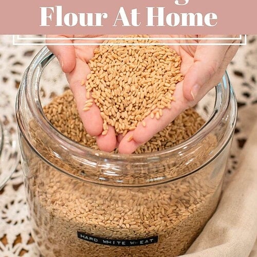 Hands holding hard white wheat berries over a large glass jar labeled Hard White Wheat on a linen cloth with a white lace doily in the background.