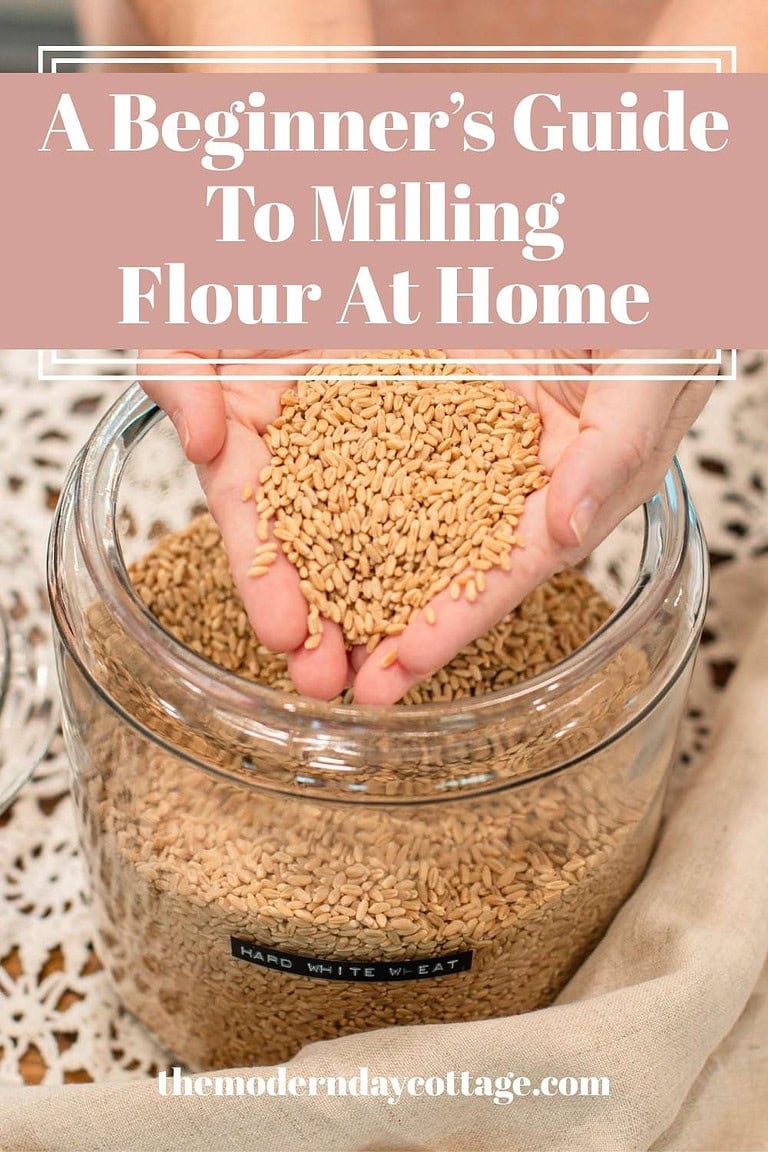 Hands holding hard white wheat berries over a large glass jar labeled Hard White Wheat on a linen cloth with a white lace doily in the background.