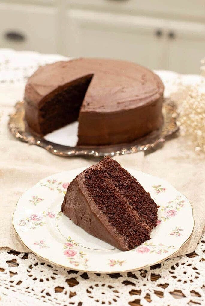 Slice of homemade chocolate cake on a floral plate with the remaining cake in the background
