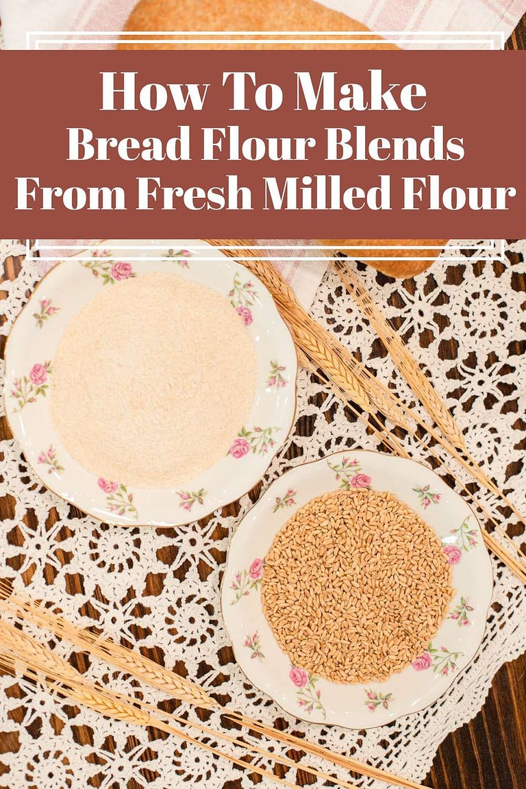 Freshly milled flour and wheat berries in vintage bowls on a lace tablecloth, illustrating how to make bread flour blends from fresh milled flour.