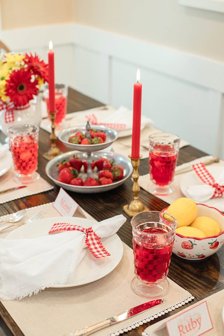 Strawberry Gingham Tablescape with Country Cottage Charm