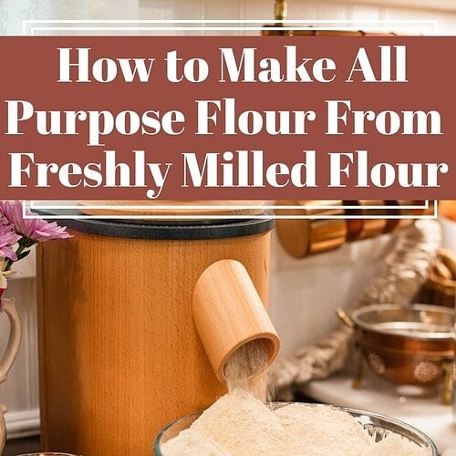 Freshly milled flour pouring from a wooden grain mill into a glass bowl on a cozy kitchen counter, with soft lighting, a candle, and text overlay reading “How to Make All Purpose Flour From Freshly Milled Flour”