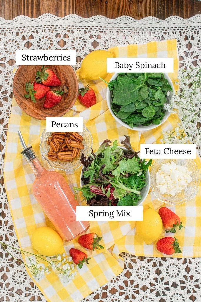 Ingredients for strawberry spinach salad including strawberries, baby spinach, spring mix lettuce, pecans, feta cheese, and strawberry vinaigrette dressing.