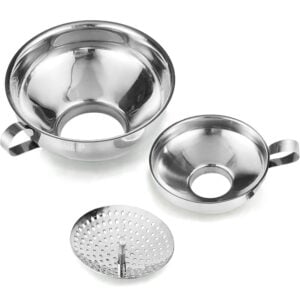 Canning Funnels (Set of 3) Stainless steel wide-mouth canning funnels in various sizes, perfect for transferring homemade peach preserves and jams into mason jars without spills.