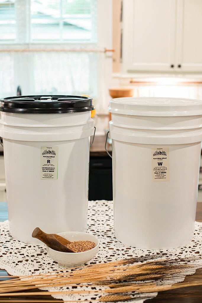 Food-grade storage buckets filled with wheat berries for bulk grain storage in a home kitchen