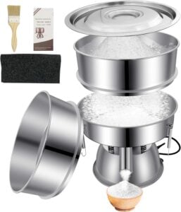 Multi-layer electric flour sifter with brush and sieve accessories, perfect for refining freshly milled flour for lighter baking.