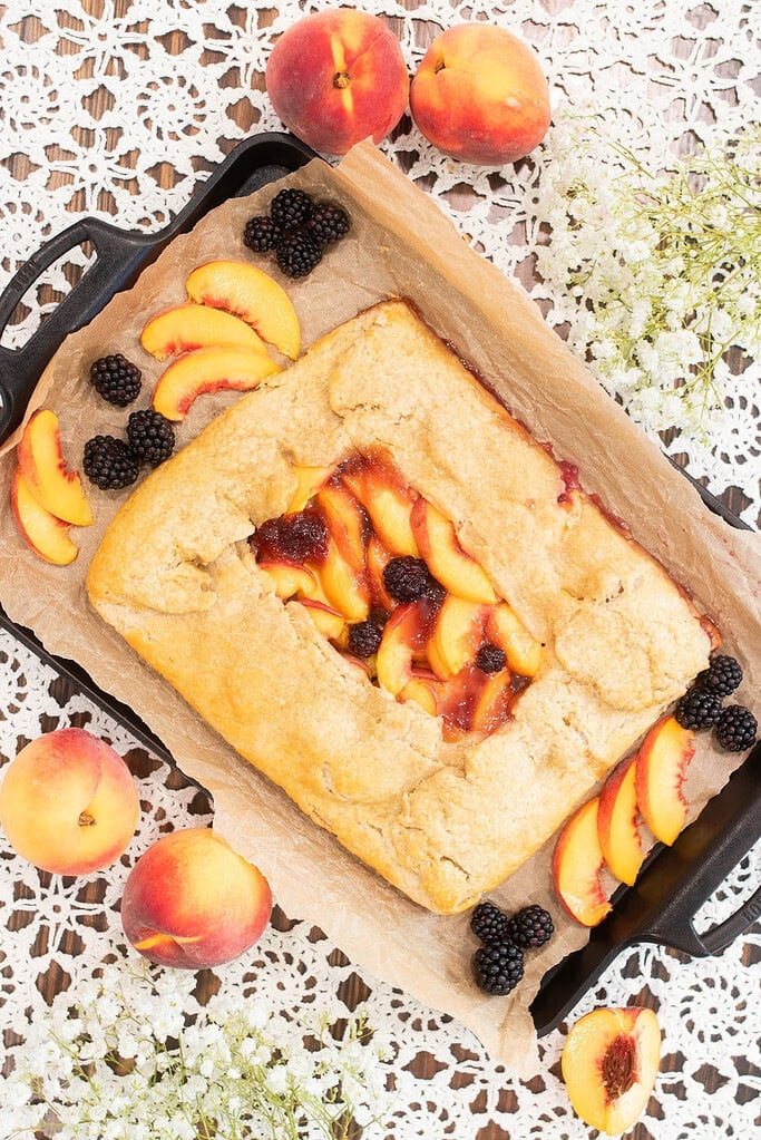 Sourdough peach blackberry galette with fresh peaches and blackberries baked in flaky crust