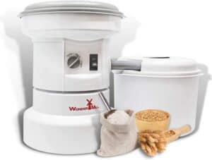 WonderMill electric grain mill with flour container, wheat berries, and milled flour—an essential tool for home flour milling.