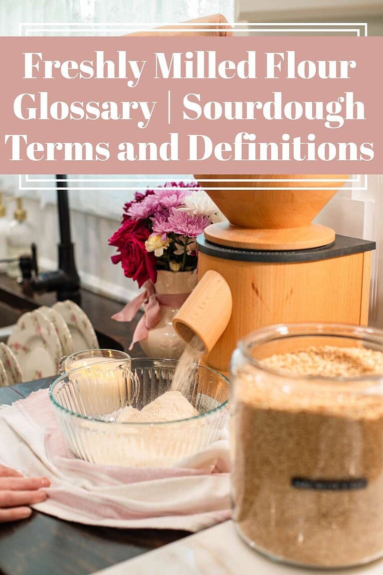 Freshly milled flour being ground into a glass bowl from a countertop grain mill in a cozy kitchen setting, with wheat berries in a jar and flowers nearby, and text overlay reading “Freshly Milled Flour Glossary | Sourdough Terms and Definitions.”