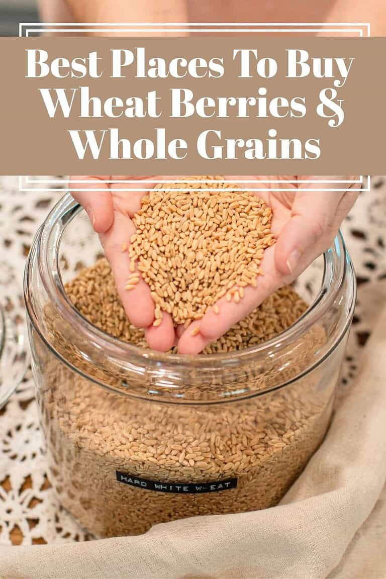 Hands holding wheat berries over a glass jar labeled hard white wheat, with text overlay about best places to buy wheat berries and whole grains.