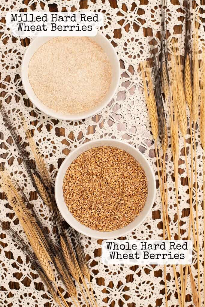 Two white bowls on a lace tablecloth: the top bowl filled with freshly milled hard red wheat flour and the bottom bowl filled with whole hard red wheat berries, surrounded by stalks of wheat.