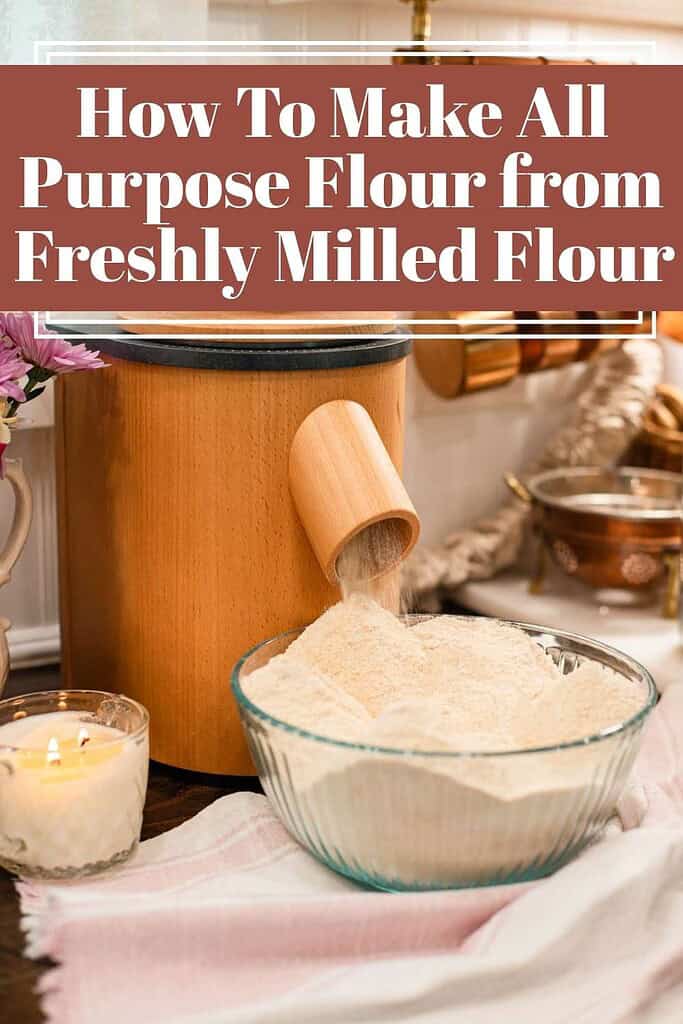 Wooden grain mill grinding flour into a glass bowl with text overlay reading how to make all-purpose flour from freshly milled flour.