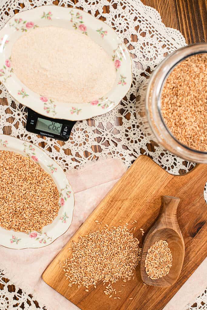 Bowls and a wooden scoop filled with wheat berries and freshly milled flour on a lace-covered table with a digital scale.