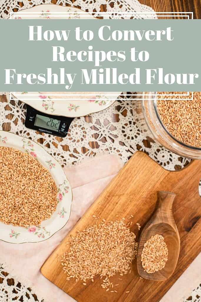 Floral dishes filled with wheat berries and fresh flour on a lace tablecloth with a wooden scoop and kitchen scale.