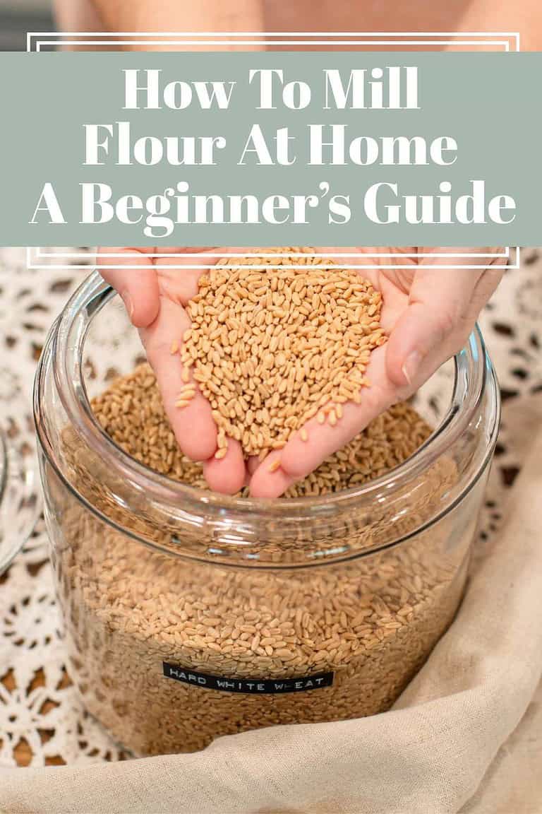 Hands holding golden wheat berries above a glass jar labeled hard white wheat.