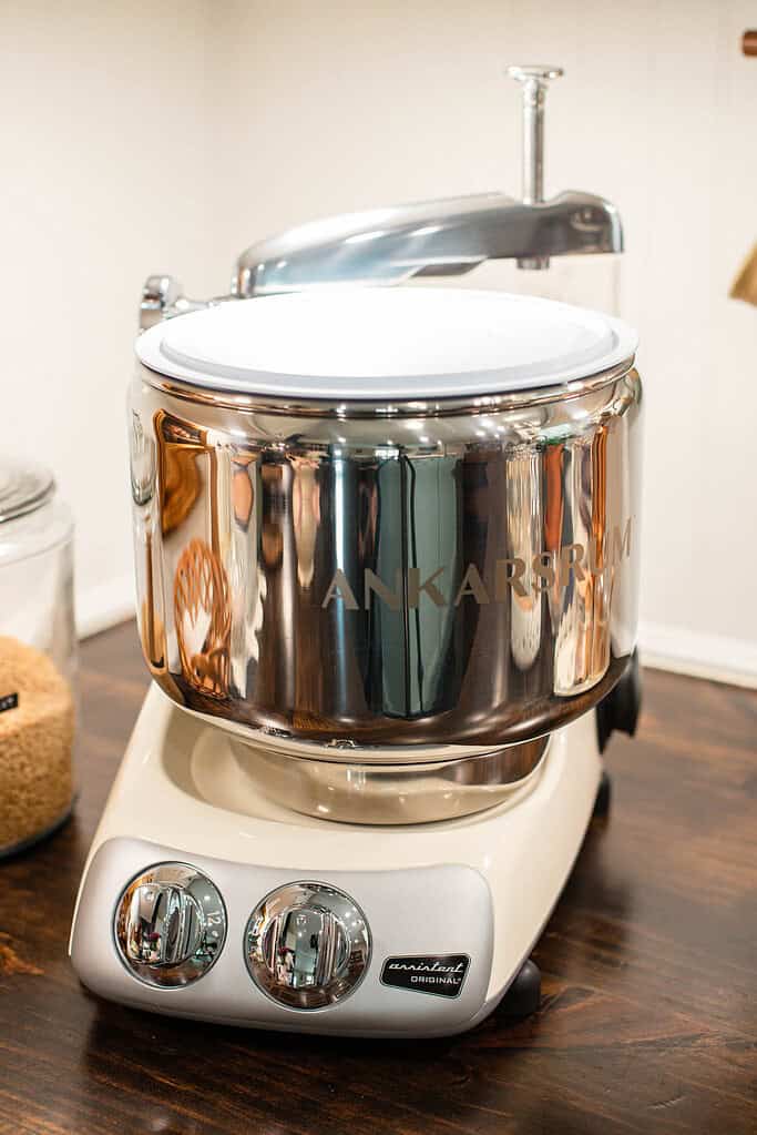 White dough mixer for kneading bread with freshly milled flour.