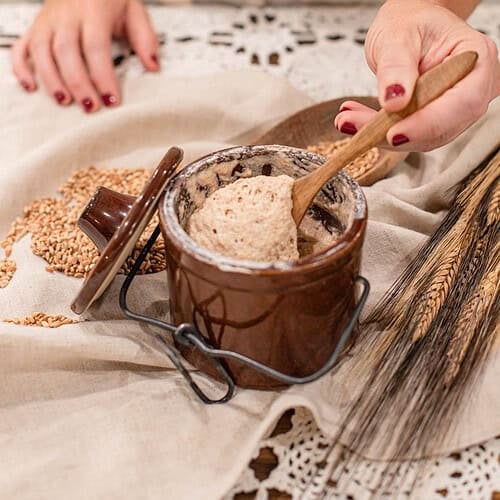 Woman stirring bubbly sourdough starter in a brown crock with a wooden spoon, surrounded by wheat berries and stalks.
