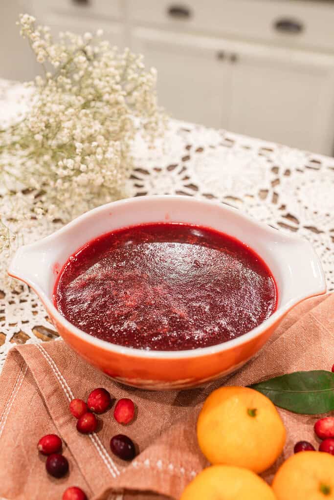 A bowl of freshly blended cranberry orange sauce cooling on the counter, showing its smooth, glossy texture.