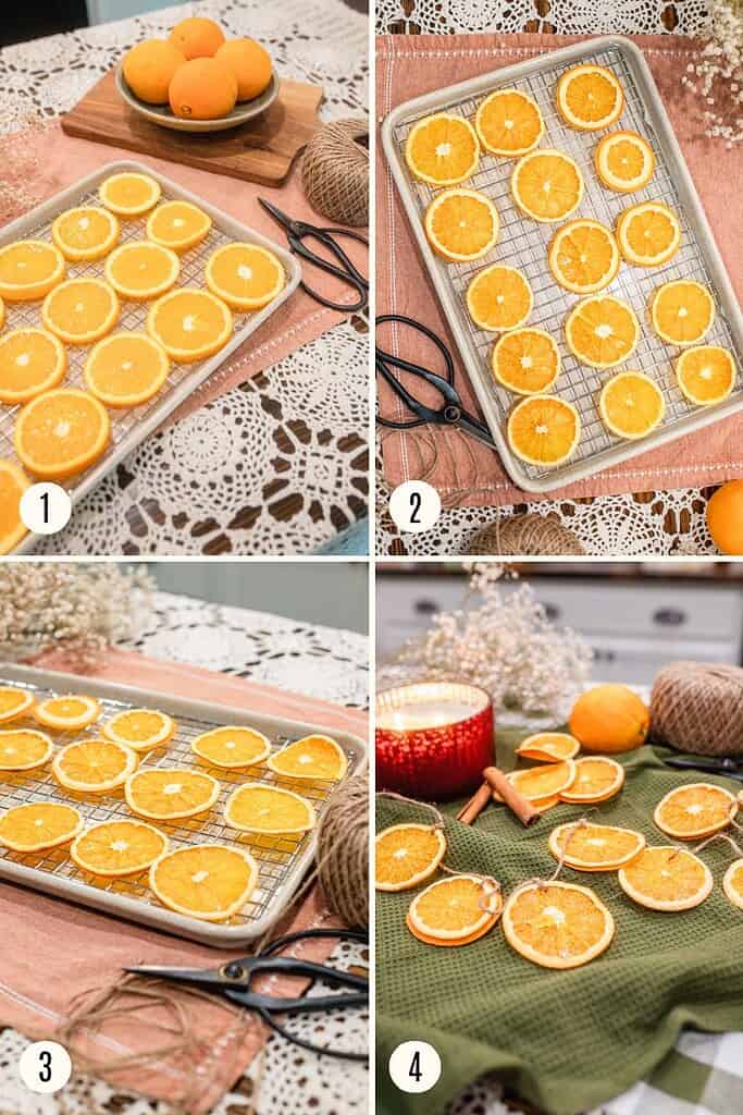 Single image collage showing four steps of drying orange slices on baking racks and arranging them into a finished dried orange garland, labeled step one through four.