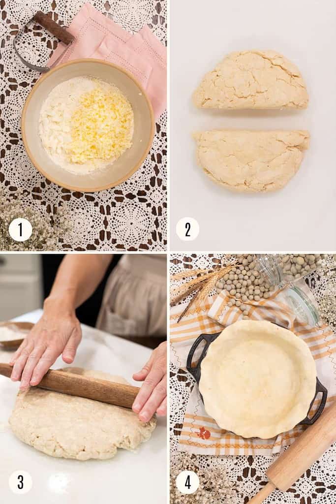 Step-by-step collage showing how to make homemade pie crust, from mixing fats into flour to pressing dough into a skillet.